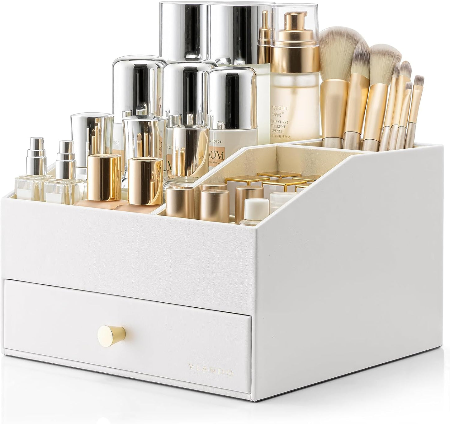 VLANDO Makeup Organizer - PU Leather Vanity Storage with Drawers | Beige Cosmetic & Skin Care Organizer for Women