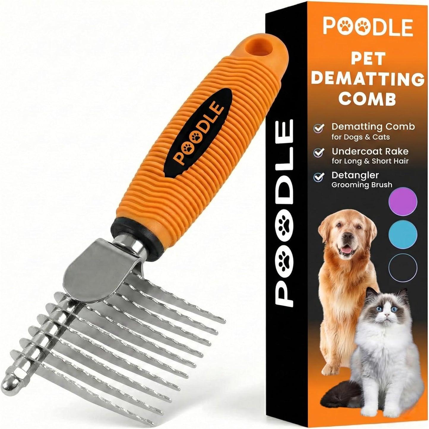 Poodle Dematting Fur Rake Comb - 2.5" Steel Blades for Dogs & Cats | Detangle Matted Undercoat Hair