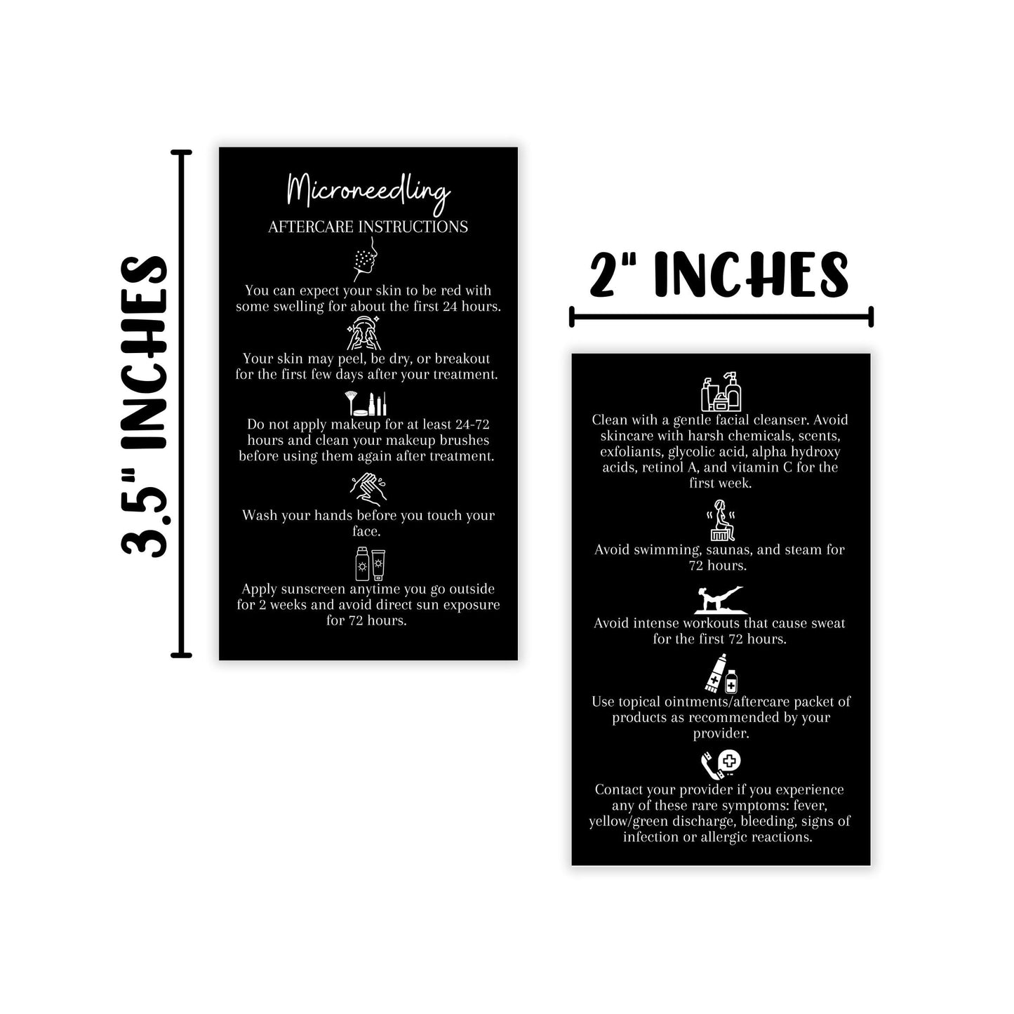 Boutique Marketing LLC Microneedling Aftercare Cards | 50 Pack | Size 2x3.5” inches Business Card Size | Microneedle Black with White Font and Icons Design