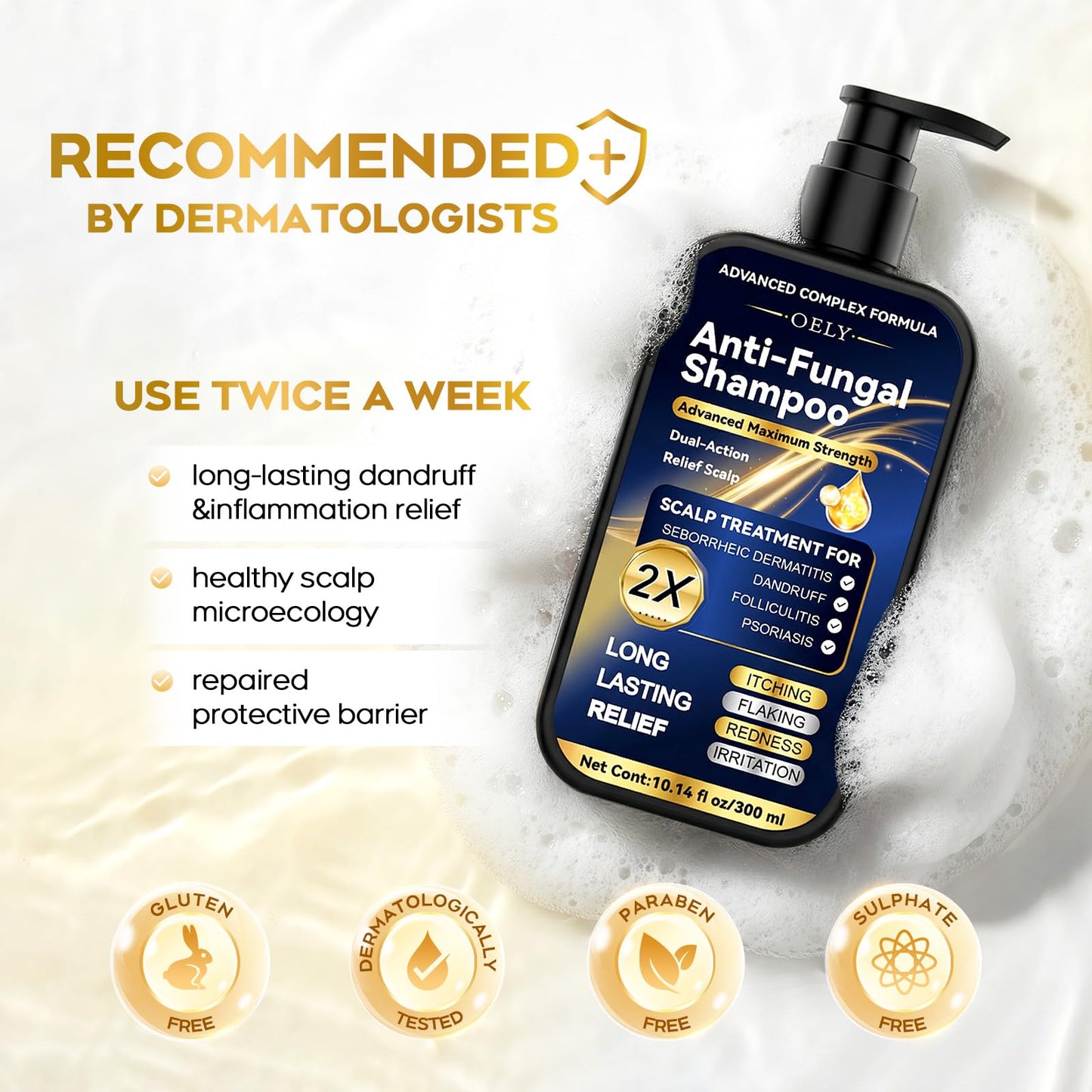oely Enhanced Antifungal Shampoo for Seborrheic Dermatitis, Folliculitis & Scalp Psoriasis – Anti-Dandruff Shampoo for Men & Women, Relieves Itchy Dry Scalp, Sulfate & Paraben-Free, 10.1 Fl Oz-Fresh