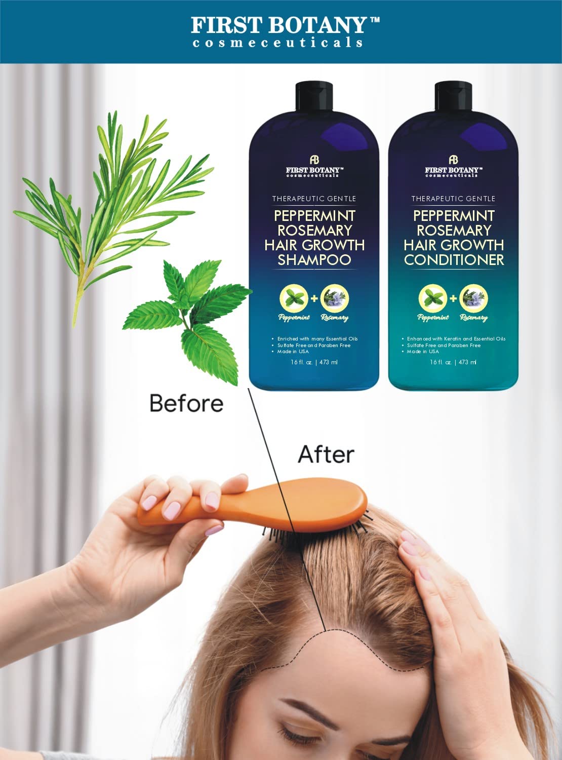 Peppermint Rosemary Hair Regrowth Shampoo & Conditioner Set - Daily Hydrating, Detoxifying, Volumizing | 16 fl oz x 2