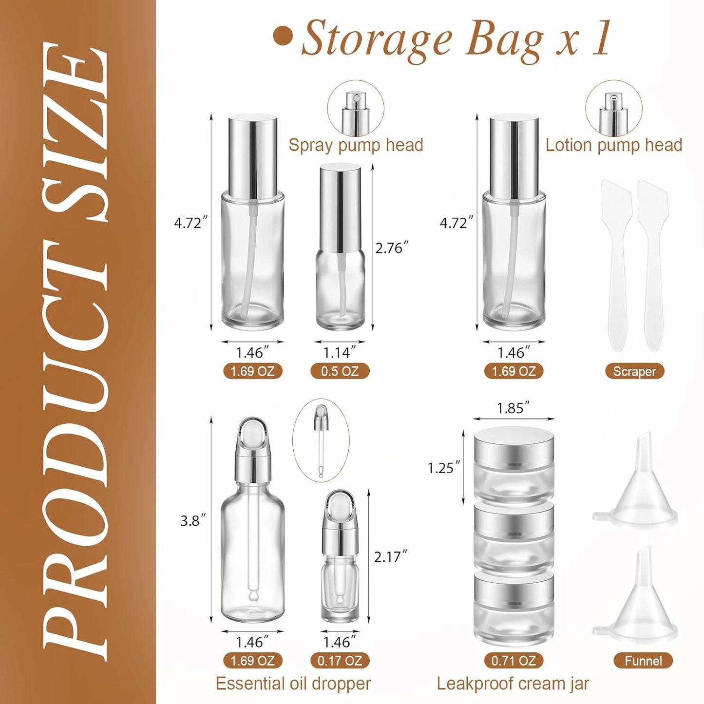 Glass Skincare Travel Containers Set - 13 Pcs Mini Makeup Bottles with Pump Spray & PU Leather Bag | Silver