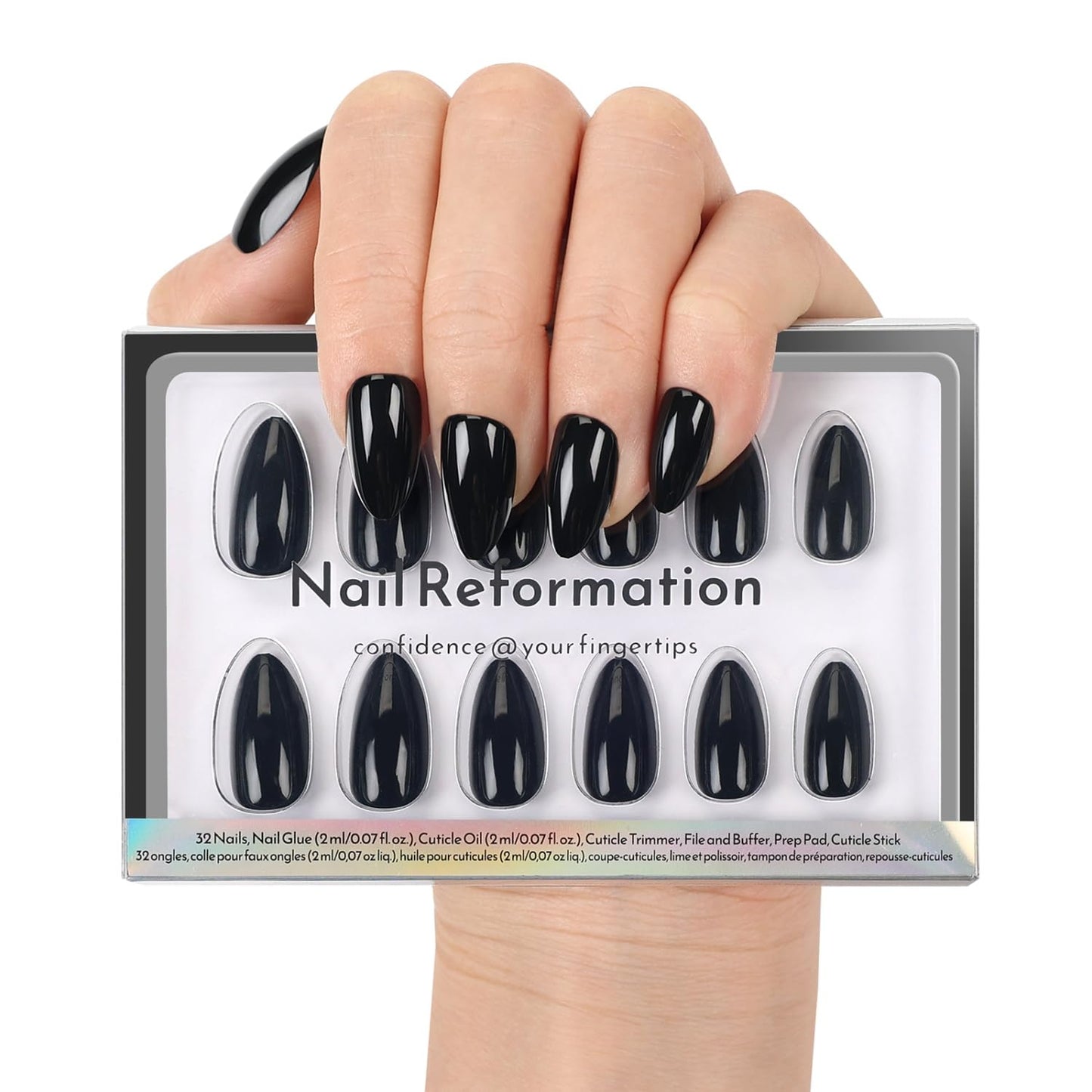 Ombre Blue Velvet Shimmer Press-On Nails | Medium Almond Glitter French Tips - 30 Nail Kit with Glue, Reusable in 15 Sizes