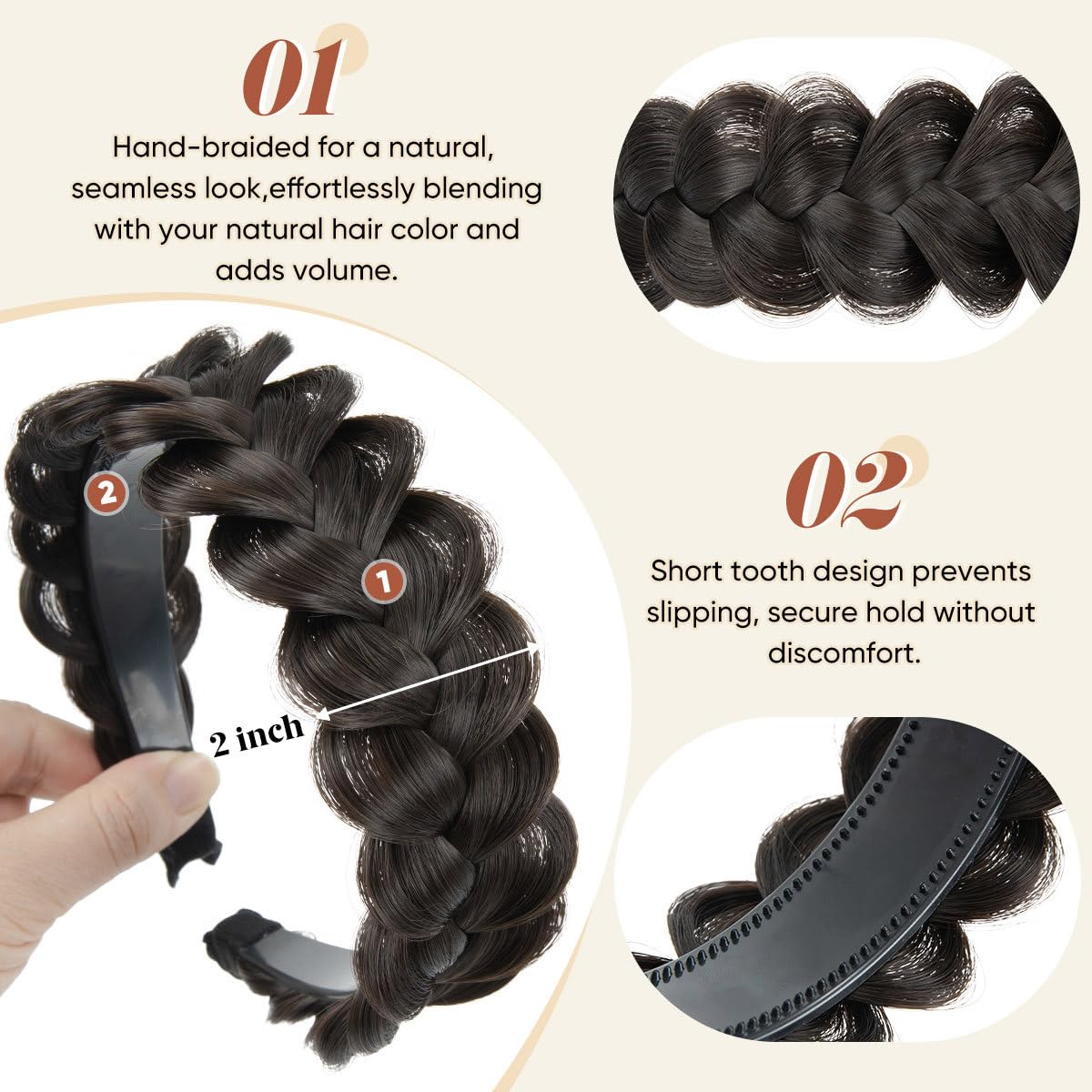 CJL HAIR Wide Braided Headbands Hair Piece for Women Synthetic Hair Hoops Head Bands with Teeth Handmade Braid Hairband Accessories Chocolate Multi 1PC