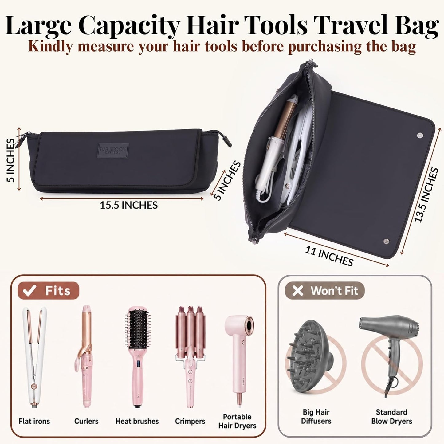 BAREFOOT CARIBOU Travel Hair Tools Bag & Heat Resistant Mat - 2-in-1 Organizer for Flat Irons & Curling Irons (Black)