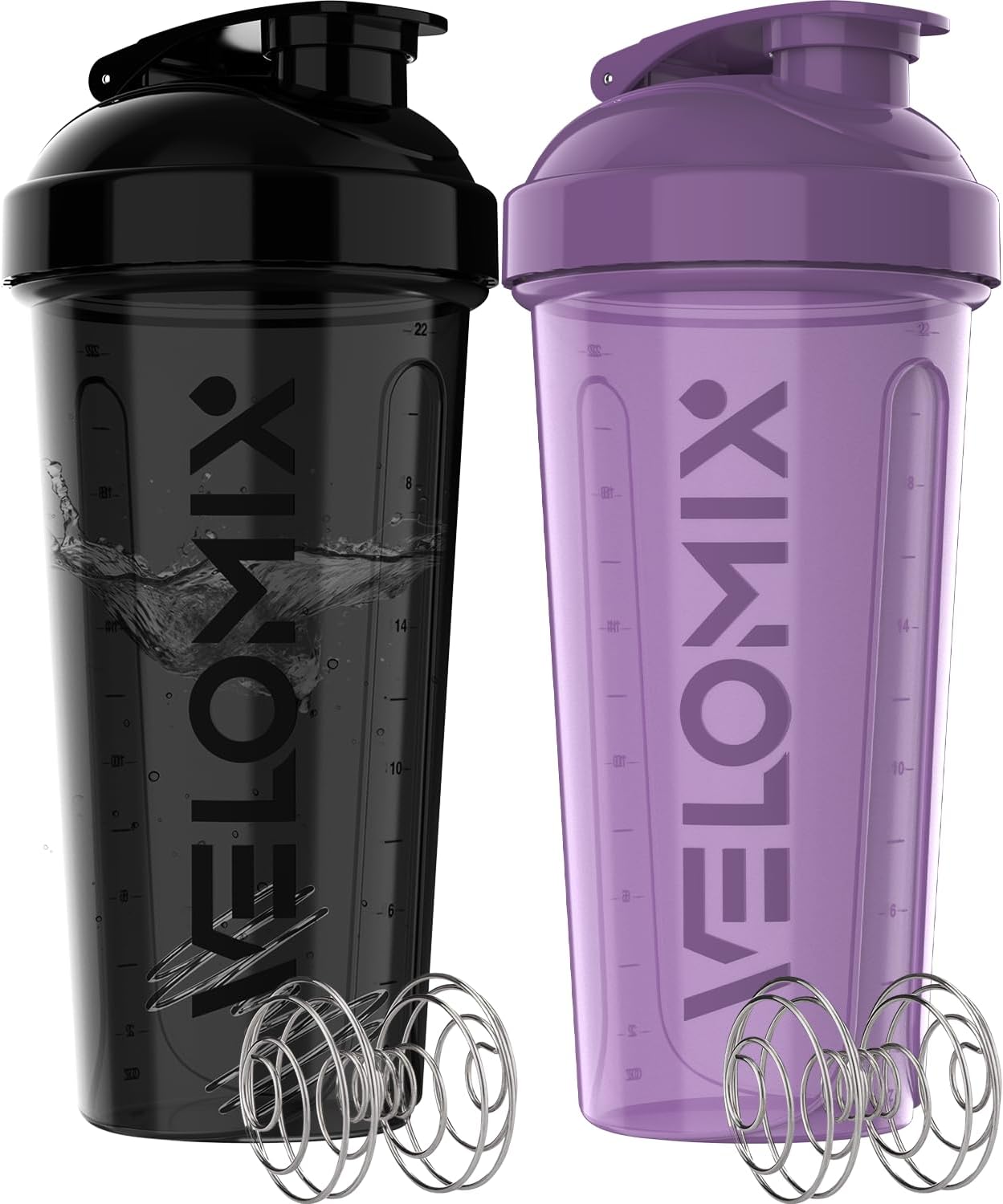 Protein Shaker Bottles - 28 oz Leak Proof Shaker Cups with 2 Wire Whisks | 2-Pack (Black/Transparent)