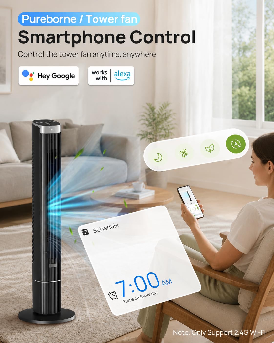 Pureborne 42” Tower Fan for Home Bedroom, WiFi, 25dB Ultra-Quiet, Black