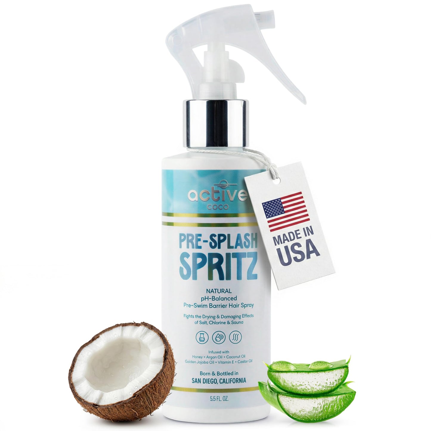 Pre-Swim Hair Protection Spray – Chlorine, Salt Water & Sauna for Swimmers - Coconut Oil, Jojoba, Aloe Vera & Vitamin E Leave-In Conditioner - Protects Color-Treated & Dry Hair, Made in USA