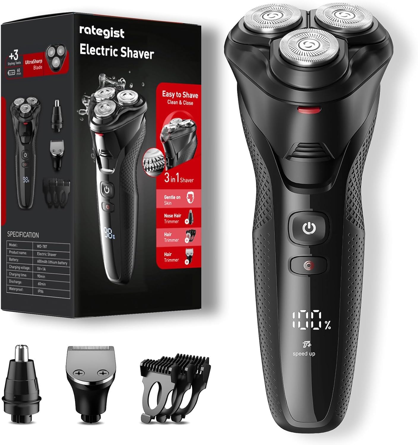 rategist 3-in-1 Electric Razor for Men: IPX7 Waterproof Razors for Men - USB-C Rechargeable, Precision Floating Blades - Wet Dry Shaving, Travel Kit, Beard, Nose & Sideburns