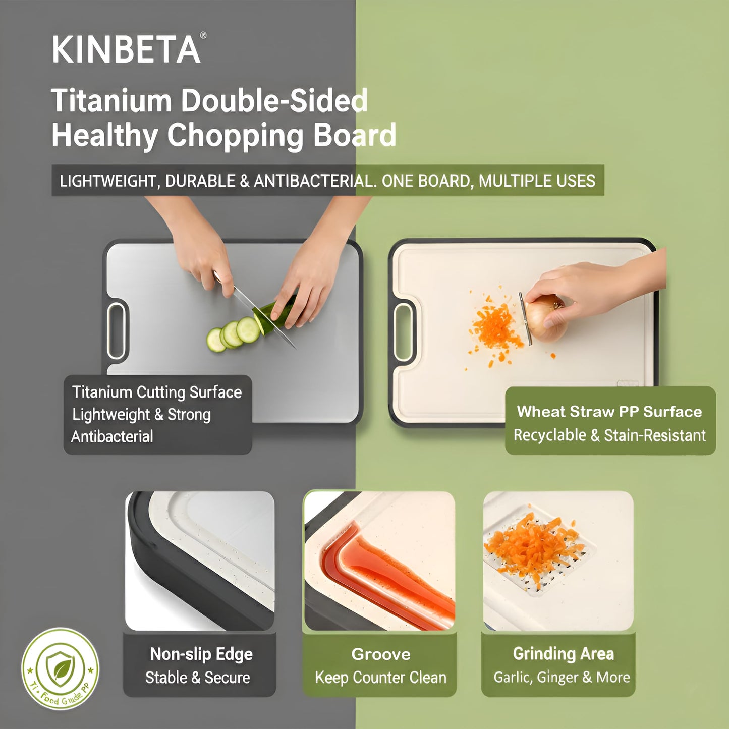 KINBETA Titanium Cutting Board for Kitchen, Double Sided 2-in-1 Chopping Board with Grinding Area, Food Grade Non Toxic Metal Cutting Board for Meat & Veggies, Easy to Clean, Large Size 16"×11"