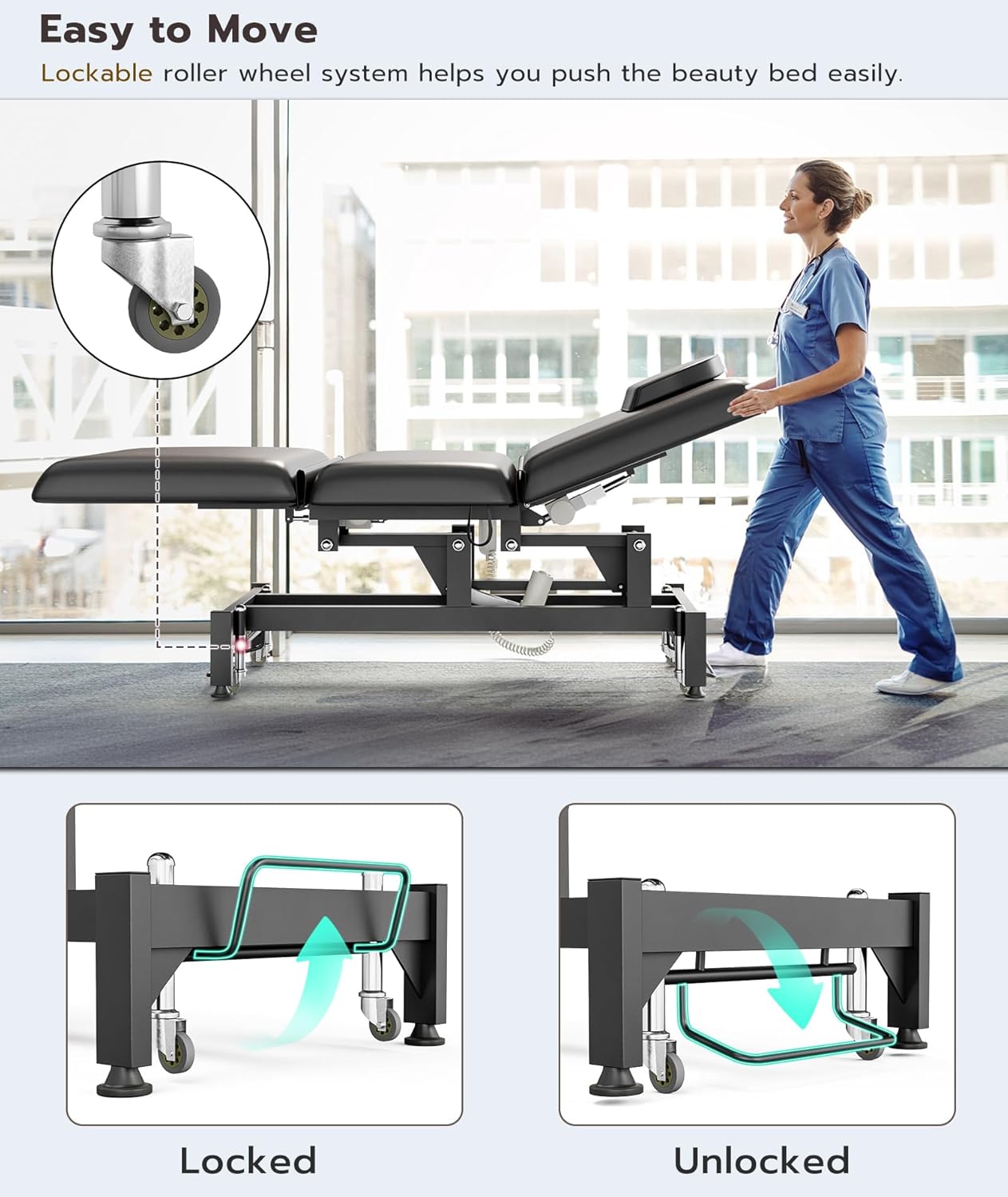Electric Massage Table Bed - 3-Section Adjustable Therapy Table with Wheels & Stool | Black