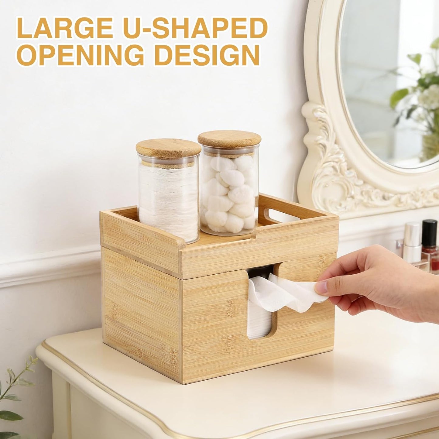 Bamboo Face Towel Holder - 120 XL Towels Included | Open-Top Skincare Organizer for Beauty Essentials