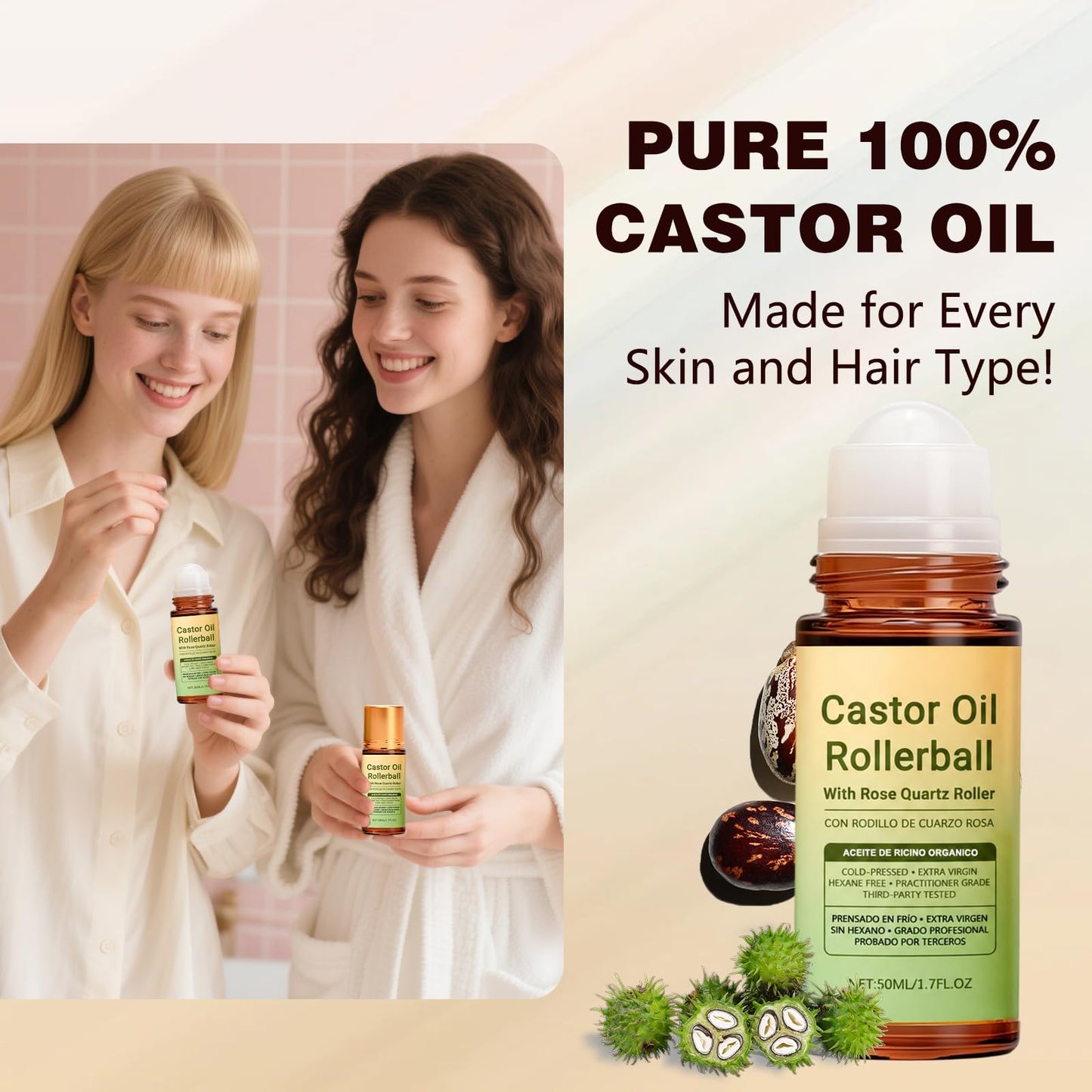 2pack Rose quartz castor oil roll-on applicators, 100% cold-pressed moisturizing oil, with rose quartz roll-on applicator - suitable for face, body, hair, and eyebrows, moisturizes skin