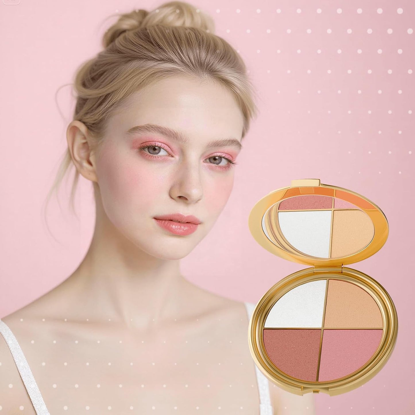All-in-One Makeup Palette - 4 Color Eye & Cheek Set with Blush, Highlighter & Neutral Eyeshadow | Compact Travel Size for Soft Glow