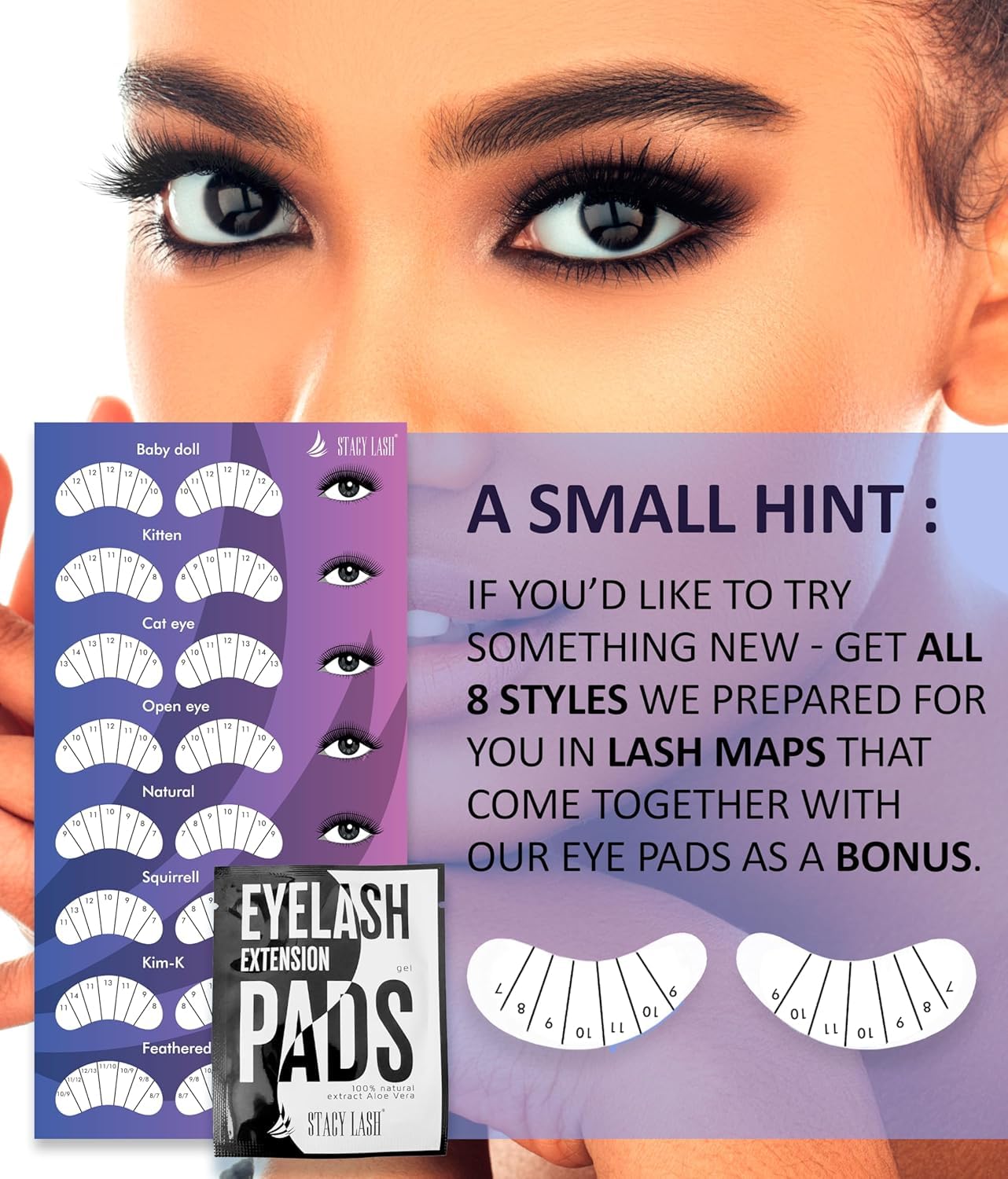 STACY LASH 100 Pairs Set Under Eye Gel Pads for Eyelash Extension - Lint Free Patches with Vitamin C and Aloe Vera Lash Supplies and Beauty tools - Hydrogel Eye Pads - Skin Moisturizes