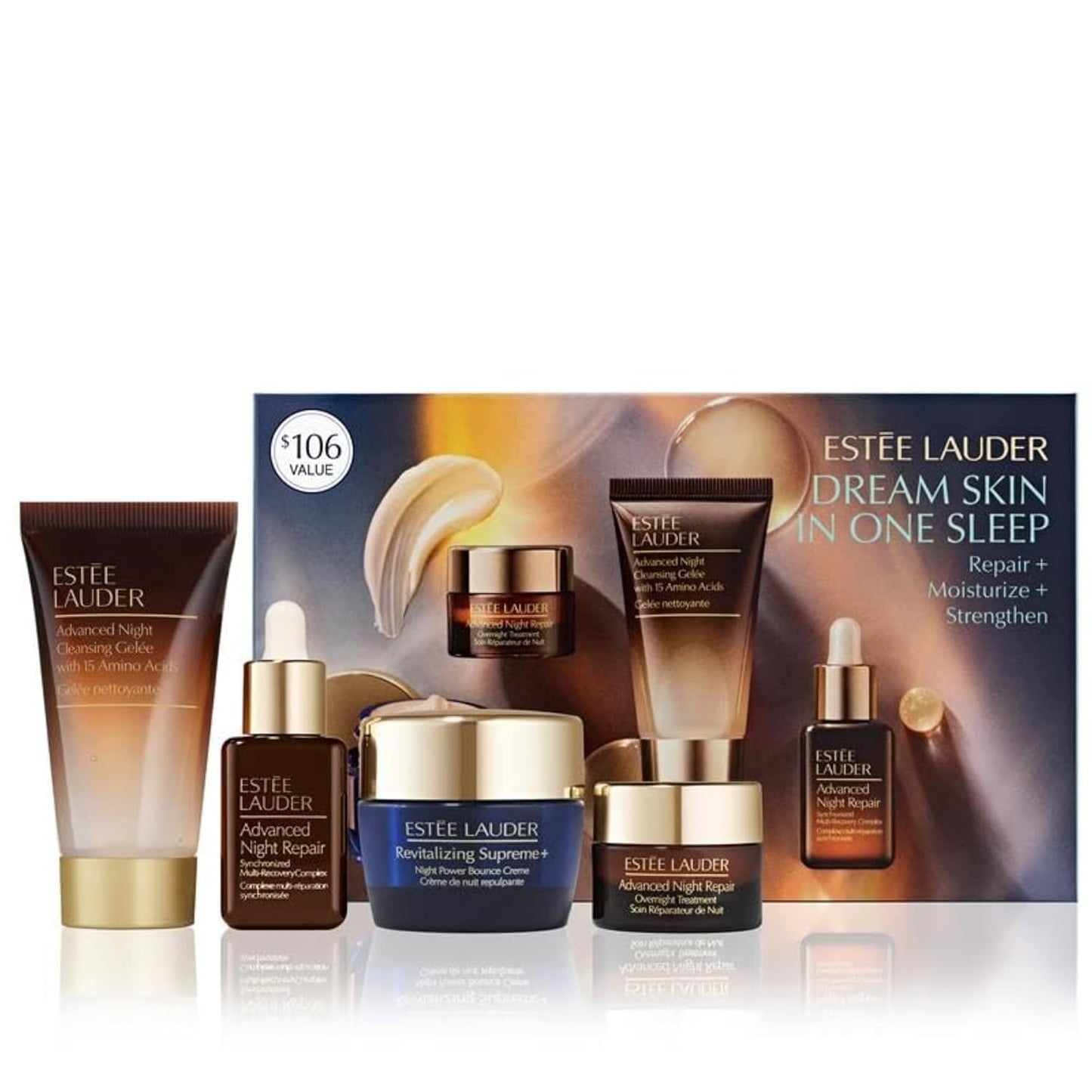 Estée Lauder Dream Skin In One Sleep Skincare Set - Repair, Moisturize & Strengthen | 4-Piece Set with Cleanser, Serum, Moisturizer & Treatment