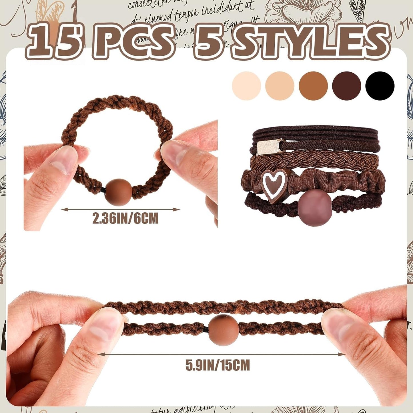 Boho Hair Ties & Bracelets - 15 Pcs Elastic Accessories for Thick or Thin Hair | 5 Stylish Designs in Yellow