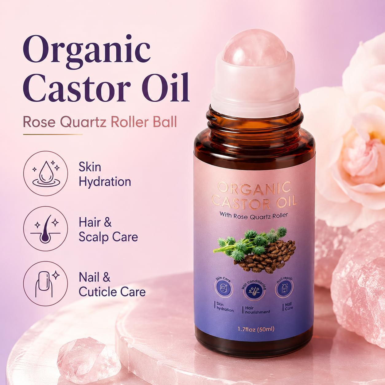 Organic Castor Oil Rose Quartz Roller - Cold Pressed for Brows, Lashes & Face | 1.7 Fl Oz, Non-Greasy Design