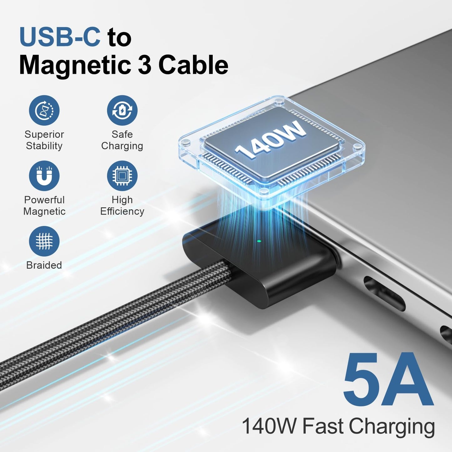 140W USB-C to Magnetic 3 Cable 6.6FT, Compatible with MagSafe 3 for MacBook Pro 14" 16" & Air 13" 15" M4 M3 M2 2021-2025 Fast Charging Cord White