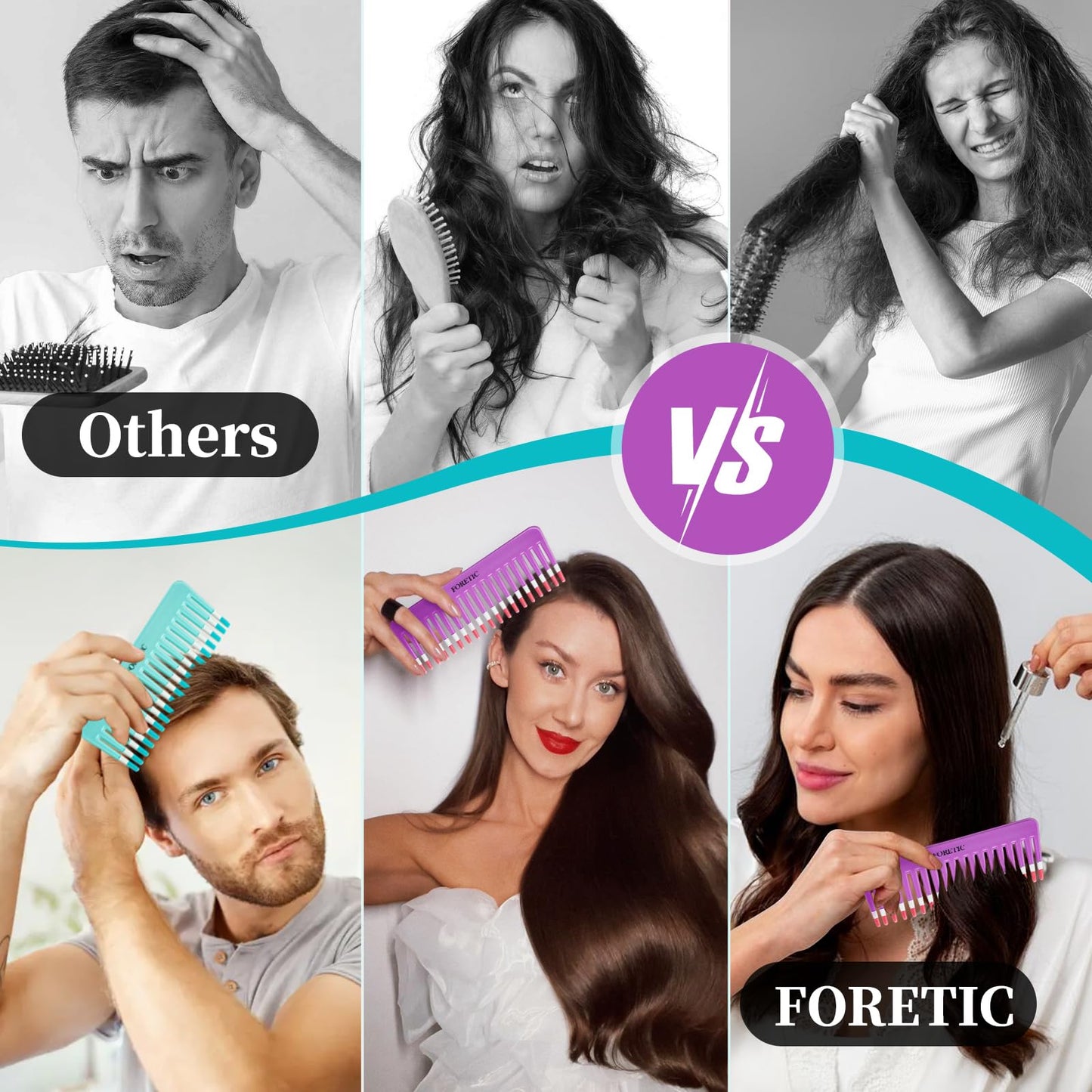 Foretic 2-Pack Wide-Tooth Anti-Static Comb Set-6.1inch Handle-Free Design, Suitable for Curly, Wet & Dry Hair, Portable Travel Detangling Comb (Purple+Blue)