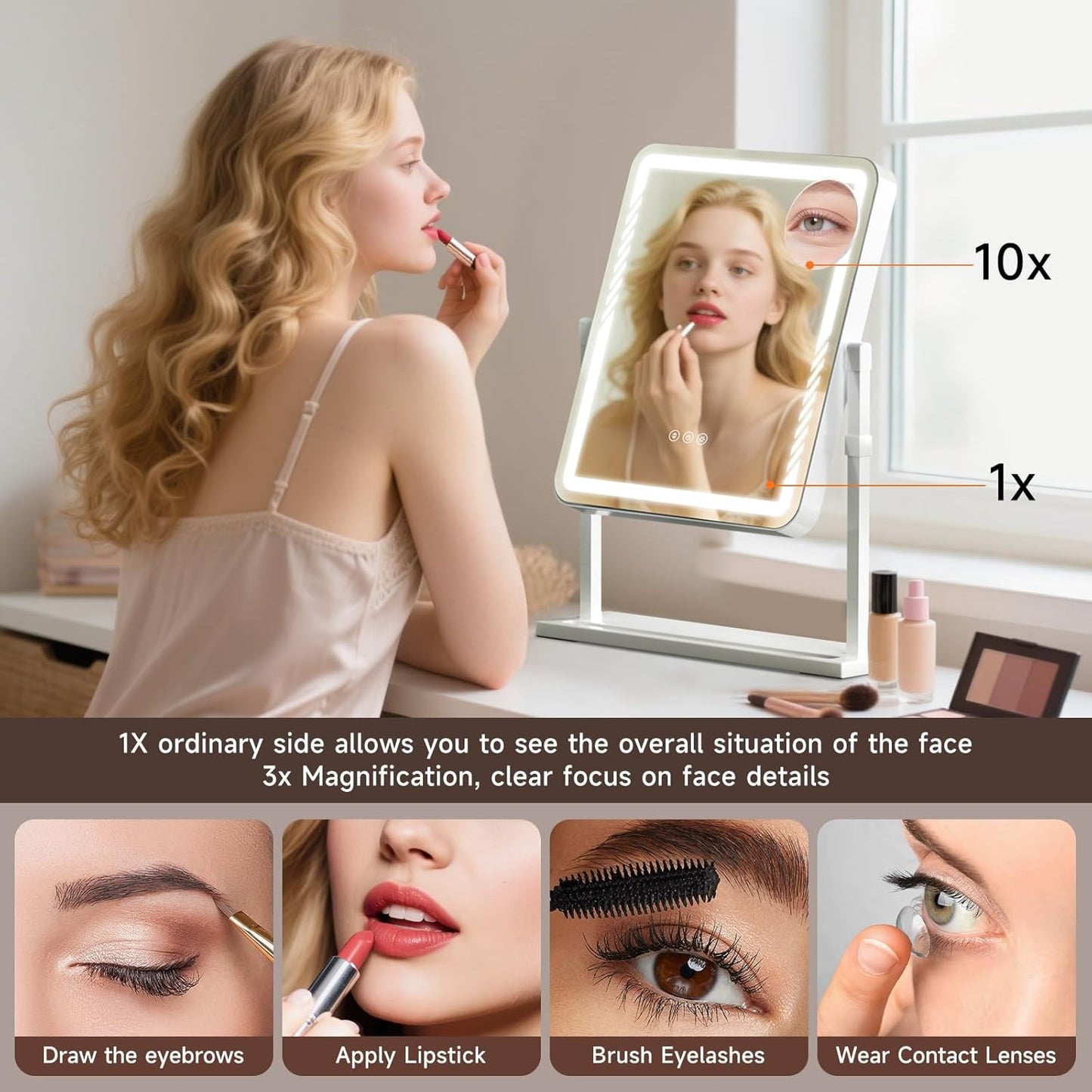 Makeup Mirror with Lights - Height-Adjustable 360° Rotation & Smart Touch Control | Large 17.5in White Vanity Mirror