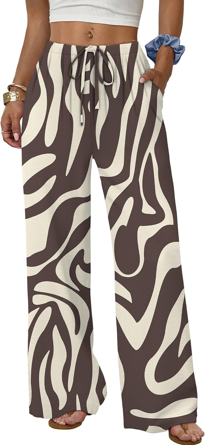 Wide Leg Pants for Women - Flowy Palazzo Trousers with Drawstring & Pockets | Summer Beach Vacation Wear