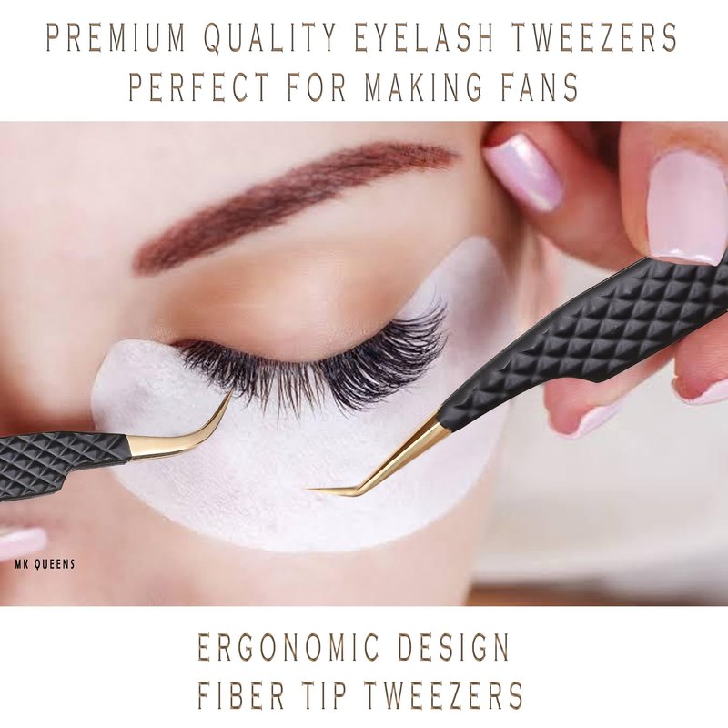 MK Queens Lash Tweezers - Stainless Steel Fiber Tip Eyelash Tweezers (Set of 4) - Diamond Grip Professional Lash Tweezers for Eyelash Extensions (Black)