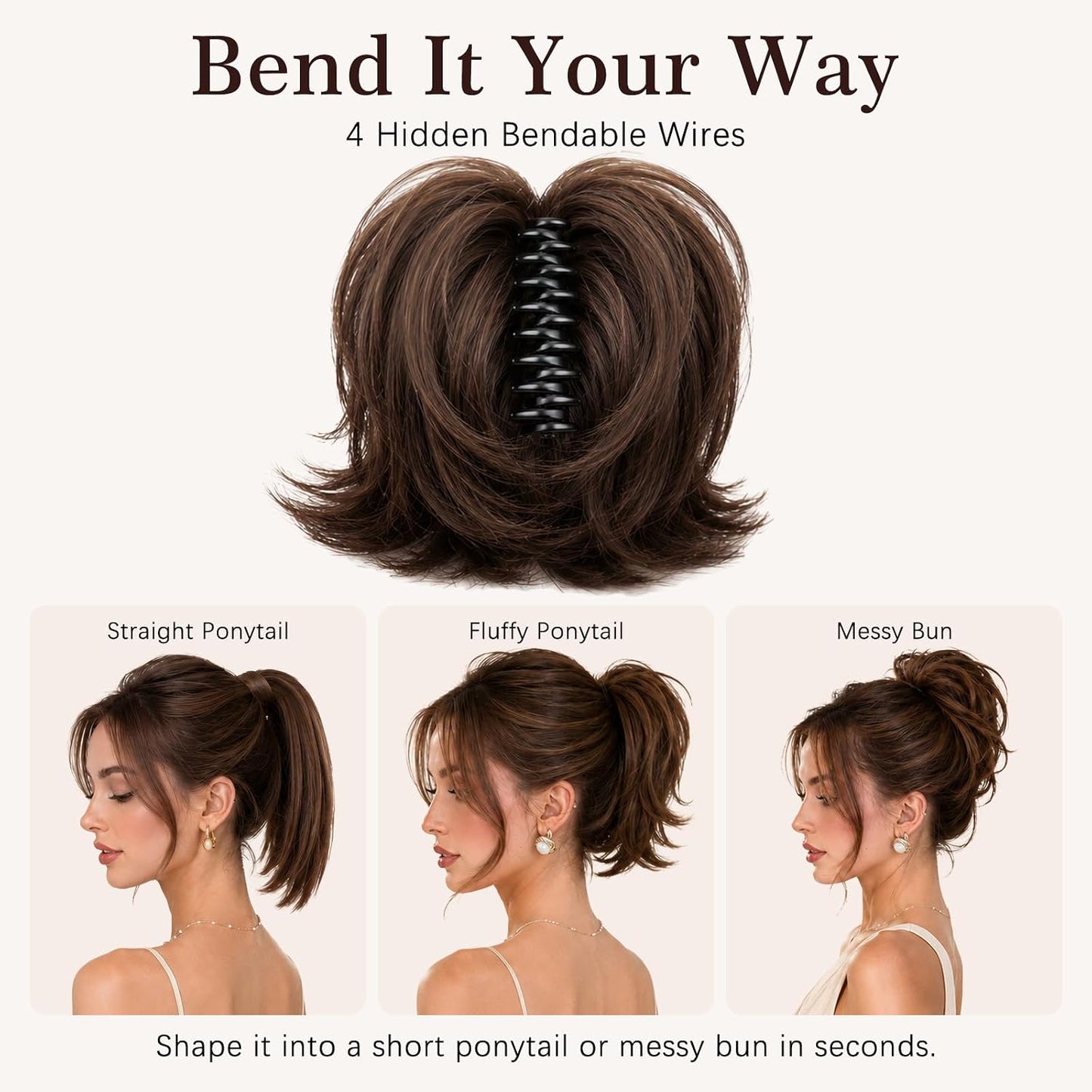 Claw Clip Ponytail Extension - Short Messy Hair Bun for Thin Hair | Straight Synthetic Hair, Easy Updo in Brown