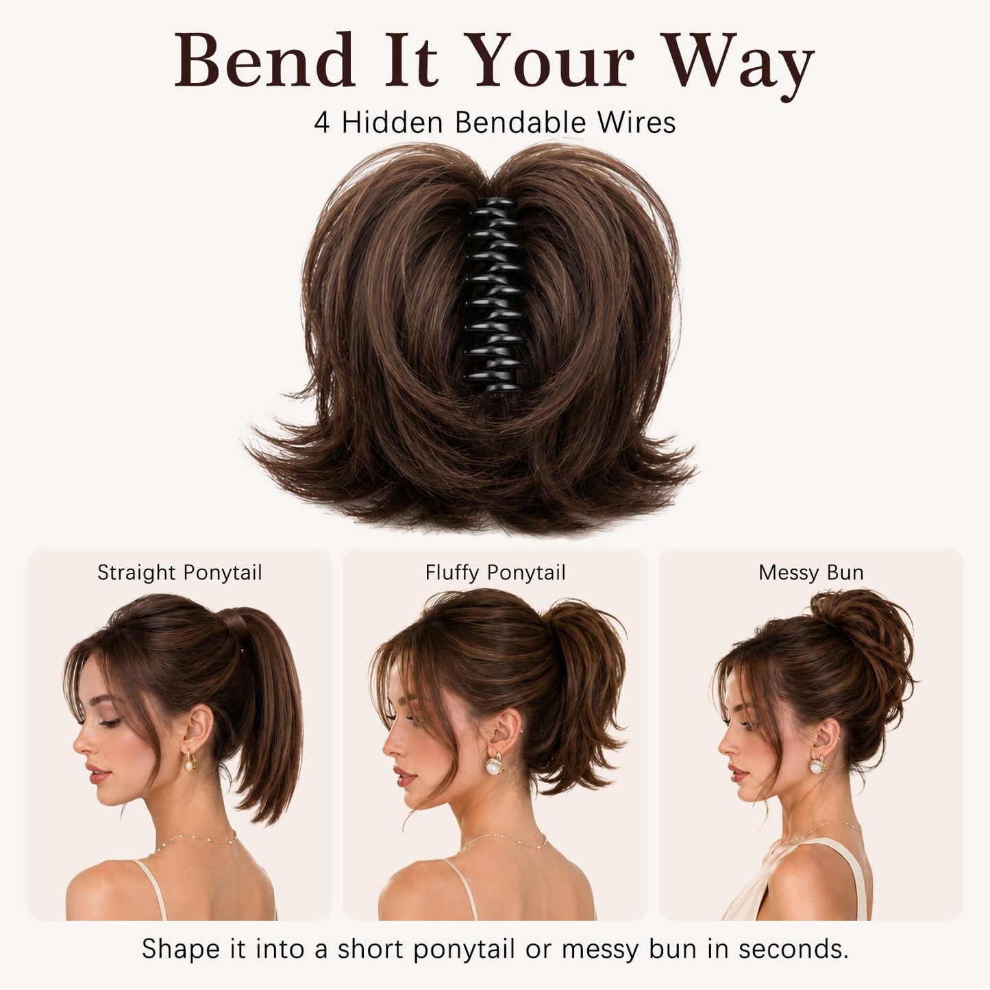 Sotpmal Claw Clip Ponytail Extension - Short Messy Hair Bun Hairpiece for Thin Hair, Straight Synthetic Hair Bun for Secure Hold & Quick Updo, Volumizing DIY Styles for Women(Brown)