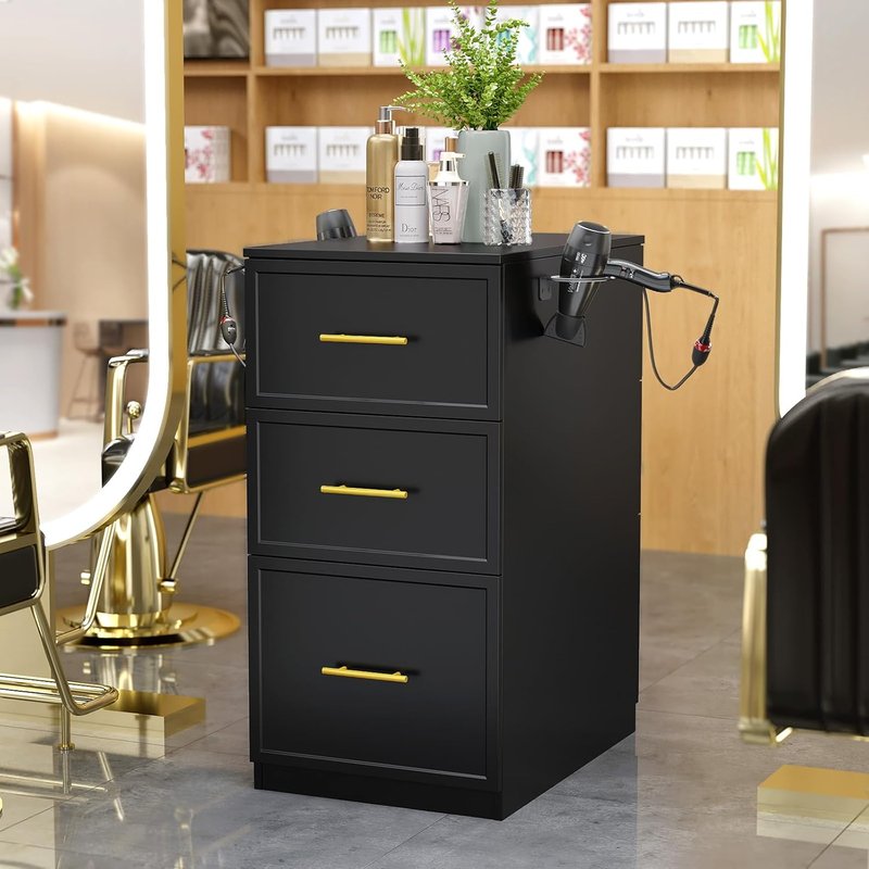 Salon Stations for Hair Stylists - Double-Sided Barber Station with 6 Drawers & 2 Dryer Holders | Modern Black Styling Cabinet