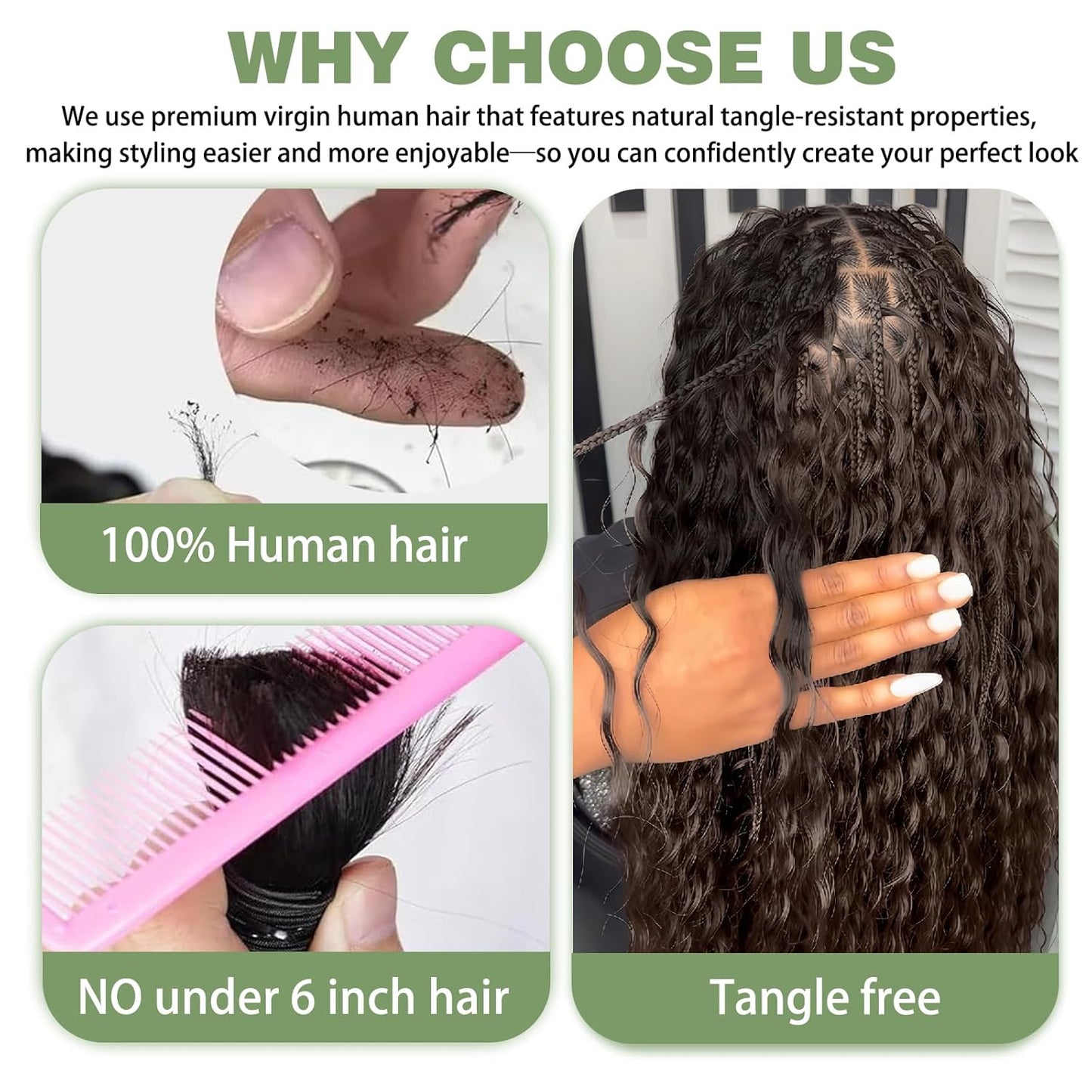 Human Braiding Hair - 14 Inch 100% Deep Wave Boho Hair for Braiding | 3 Bundles Natural Black with Curly Ends, 110g