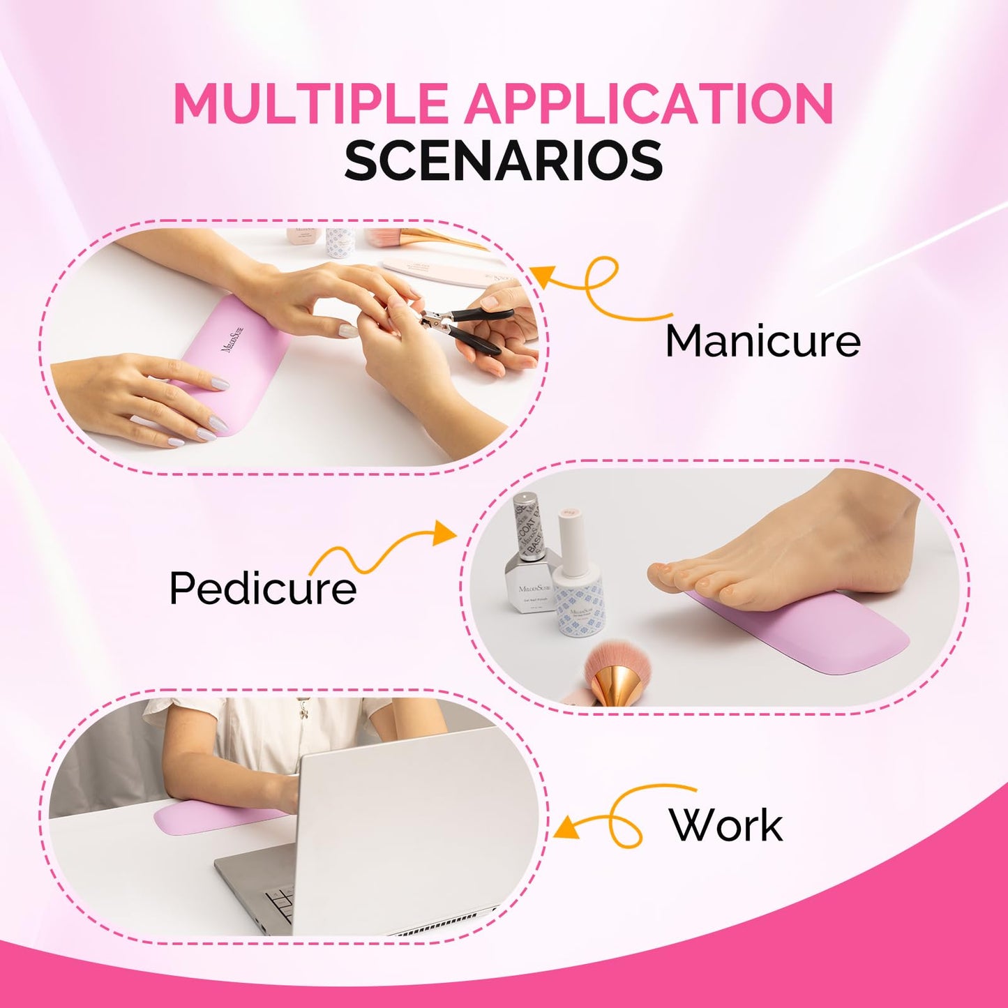 MelodySusie Nail Arm Rest, Soft PU Leather Wrist Support Cushion, Portable Hand Rest for Acrylic Gel Nail Art, Easy-Clean for Home Salon Travel, Pink