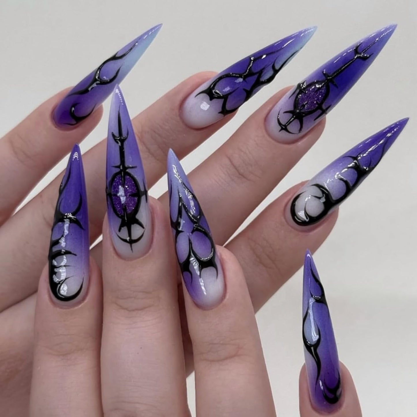 Almond Press-On Nails - Ombre French Tip with Butterfly Designs | 24 Pcs Set for Women