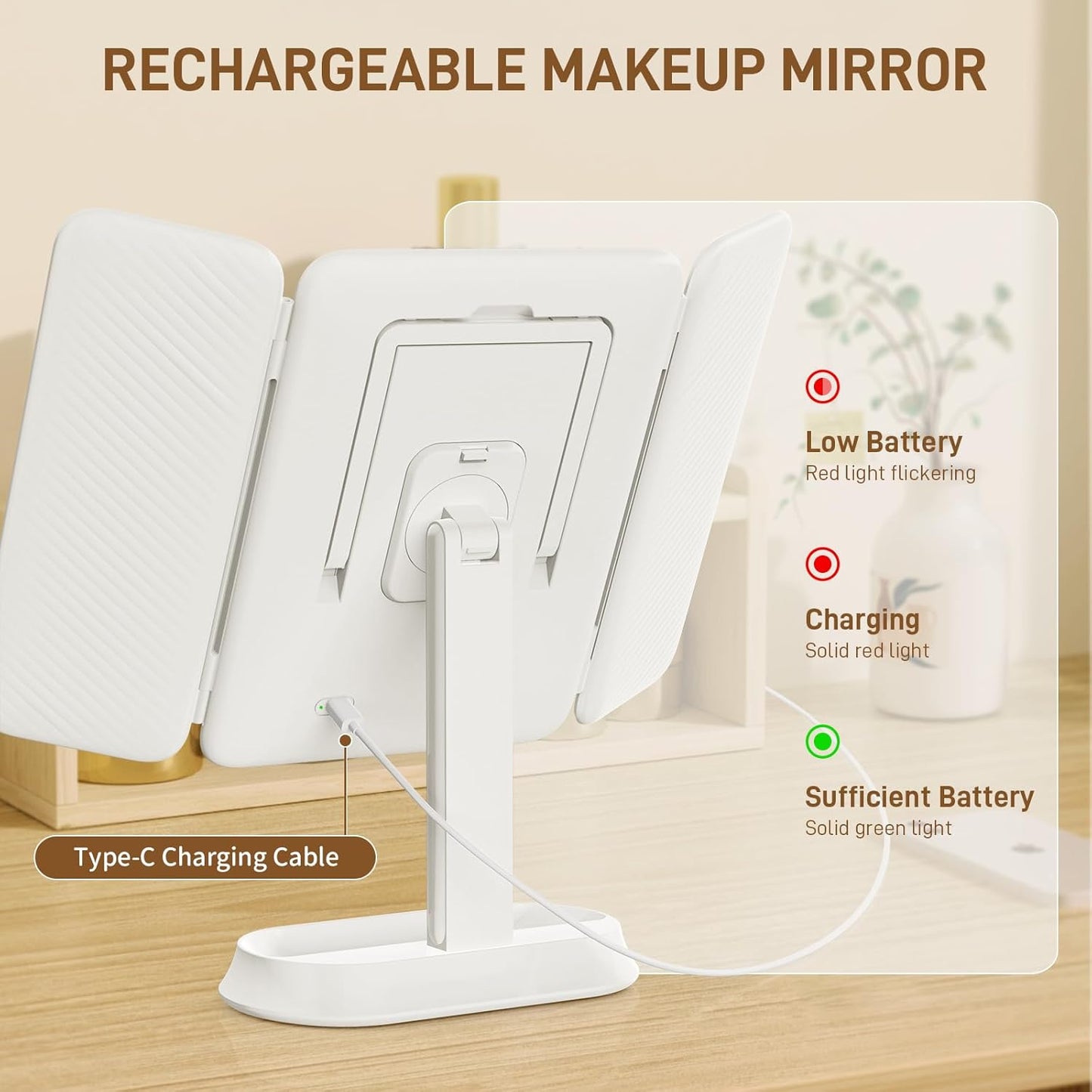 Illuminated Makeup Mirror - 1X/3X/5X Magnification, Dimmable Soft Light, 360° Rotation | Rechargeable Trifold Mirror for Travel & Dorm