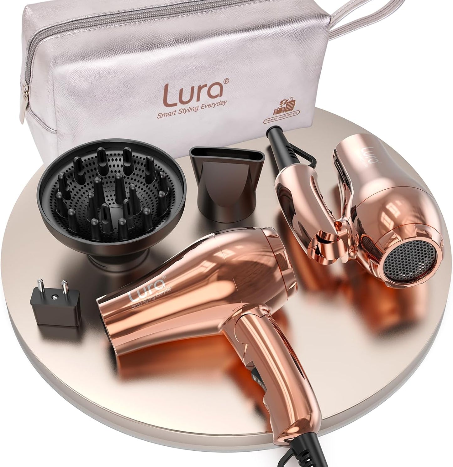 Travel Hair Dryer - Dual Voltage 1200W Mini Blow Dryer with Diffuser | Lightweight & Portable, EU/UK Plug