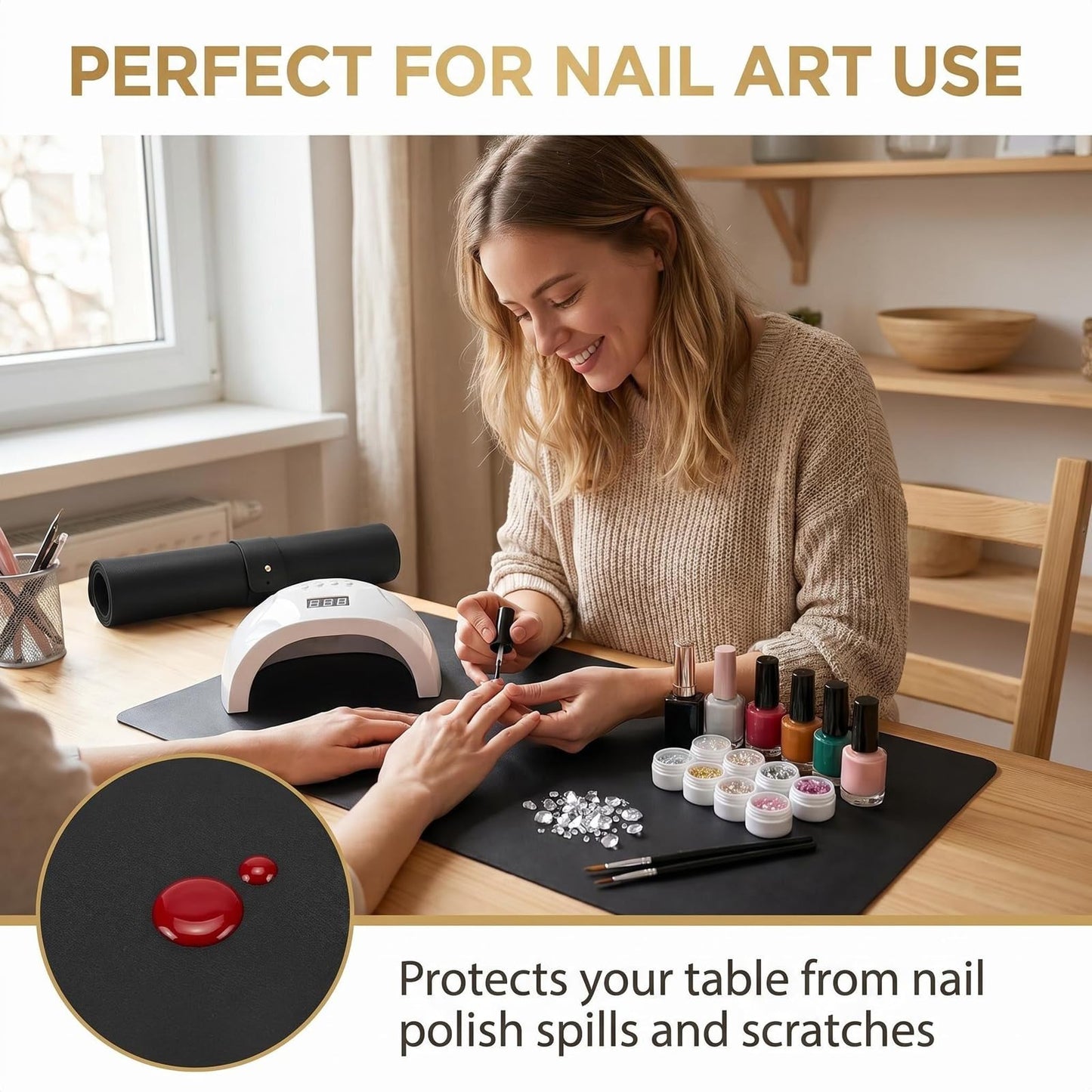 23.6 x 11.8 inches Foldable Nail Art Table Mat, Waterproof Non-Slip PU Leather Nail Desk Pad, Reusable Manicure Mat for Nail Tech Salon Home Acrylic Nails (Black)