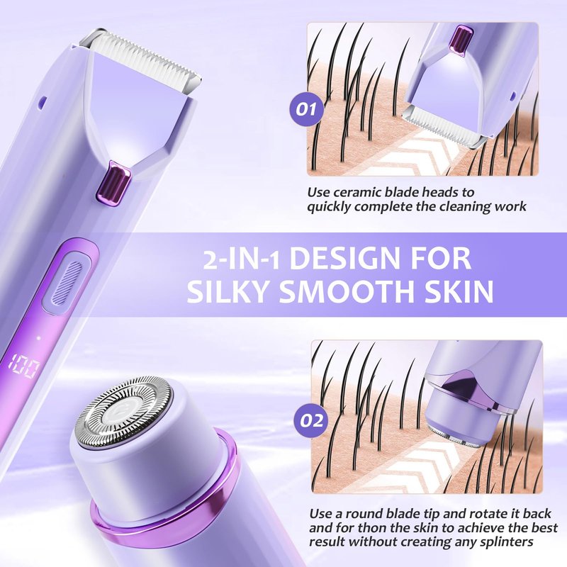 Bikini Trimmer for Women,2-in-1 Electric Shaver, Rechargeable Pubic Body Hair Trimmer Electric Shaver for Legs Body Hair,Dual Head Electric Razors Shaver, for Ladies Pubic, Face, Underarms, Legs
