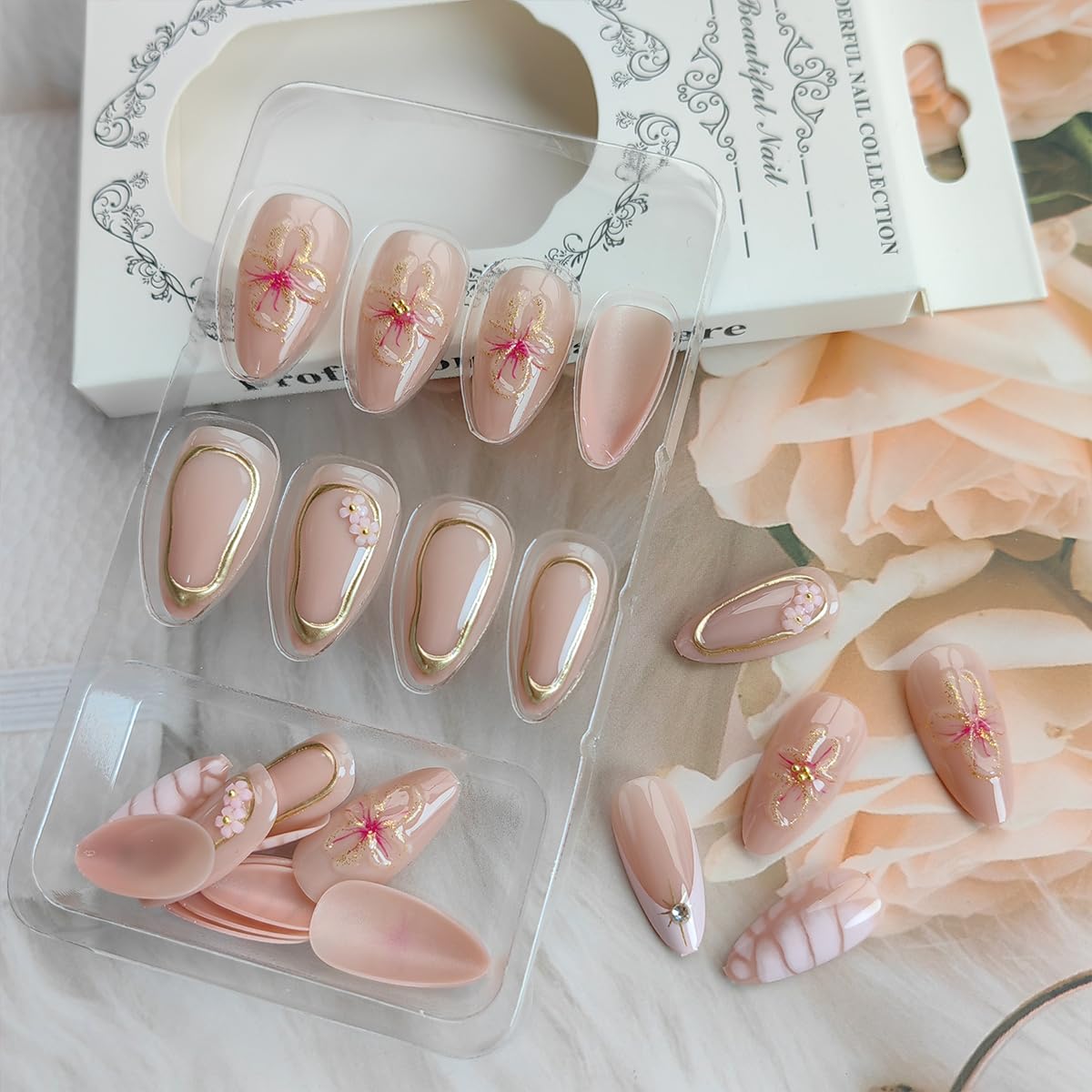 Spring Almond Press-On Nails - 24Pcs Short French Tip with 3D Flower Charms & Rhinestones | Flesh Pink Floral Stiletto Acrylic Nails