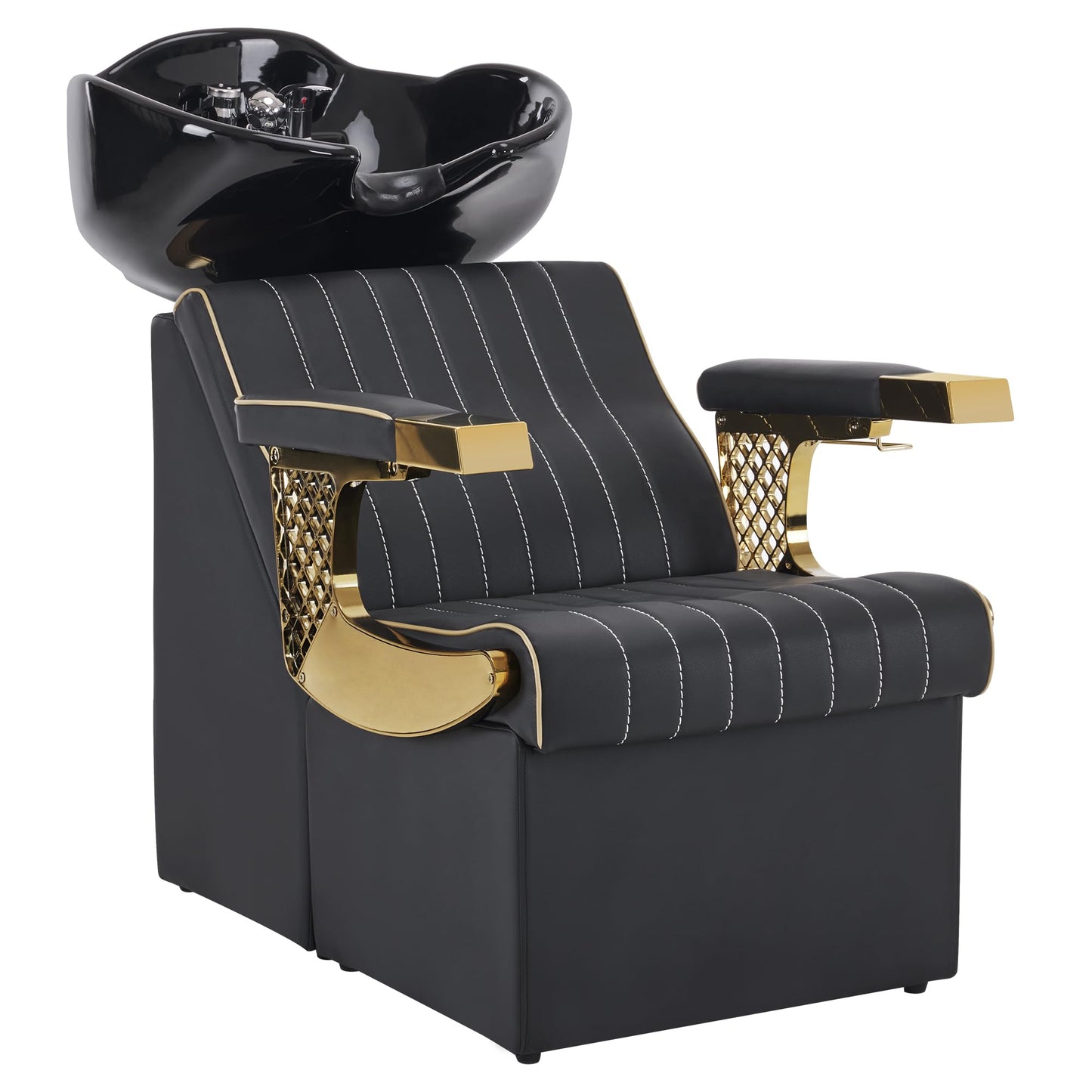 BarberPub Backwash Shampoo Station Chair and Bowl Unit, Porcelain Ceramic Basin Sink, Black&Gold Shampoo Barber Chair with Vacuum Breaker for for Barbershop Beauty Spa Salon 8615 (Black)
