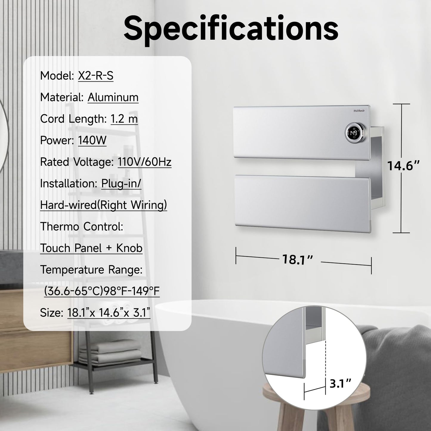 P&Dlusir X Series Heated Towel Rack, 2 Panel, Silver, Right-Wiring