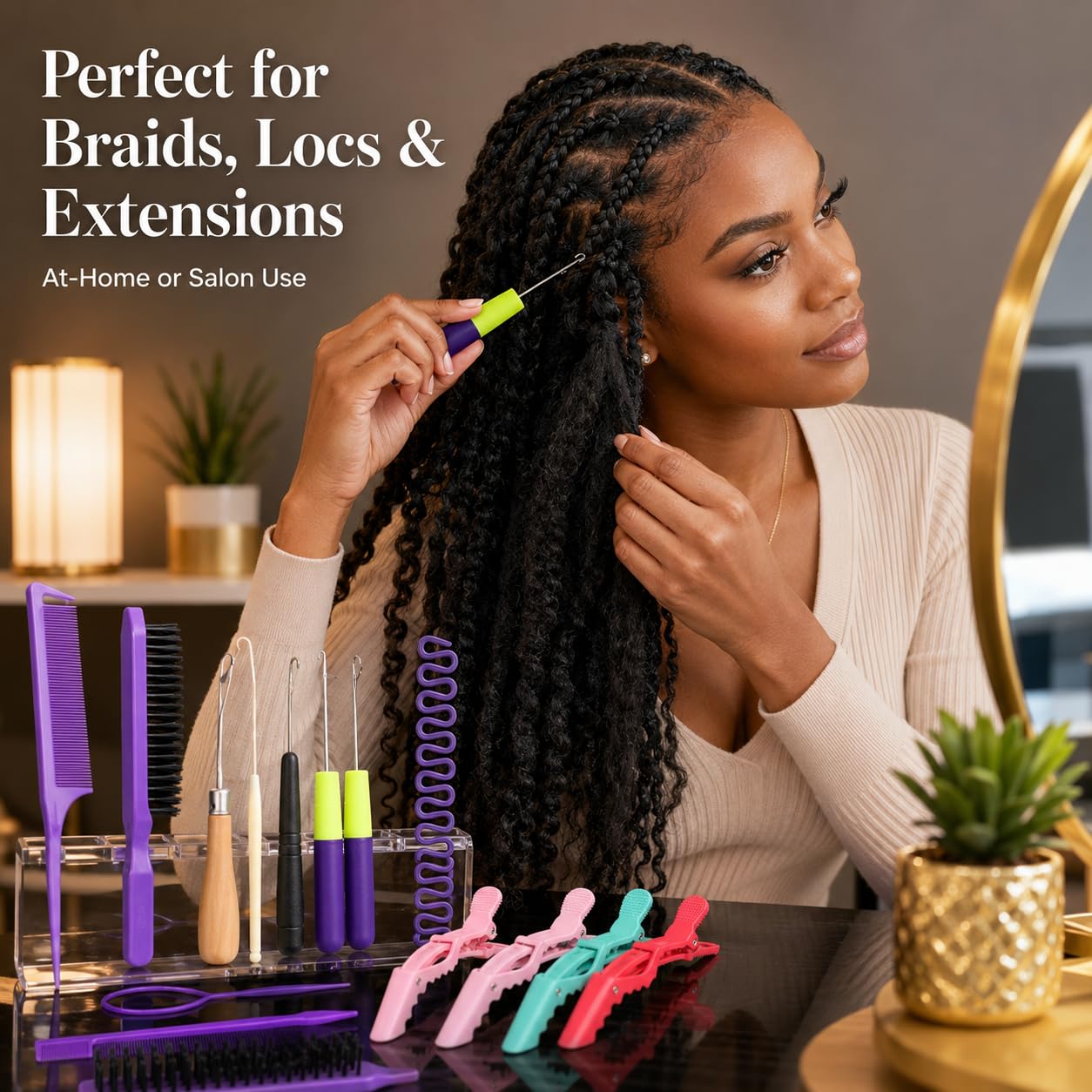 Nalexmi Crochet Hooks for Hair, 15 PCS Latch Hook Crochet Needle Set for Braiding, Locs, Dreadlocks and Passion Twist Extensions, with Tail Comb and Duckbill Hair Clips, Purple Styling Kit