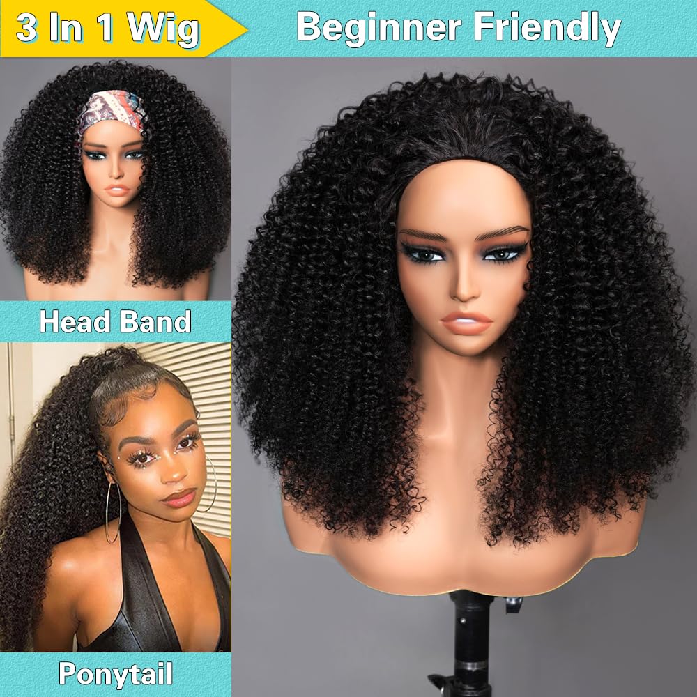 Kinky Curly 3 In 1 Half Wig - 200% Density Glueless Human Hair Wig for Women | 16 Inch Seamless Flip Style