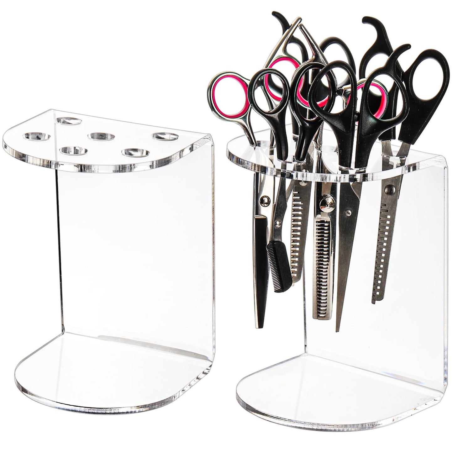 Hedume 2 Pack 6 Holes Clear Acrylic Scissors Holder Rack, Salon Shear Holder, Barber Shop Scissors Stand, Desktop Hairdresser Scissors Combs Clips Organizer
