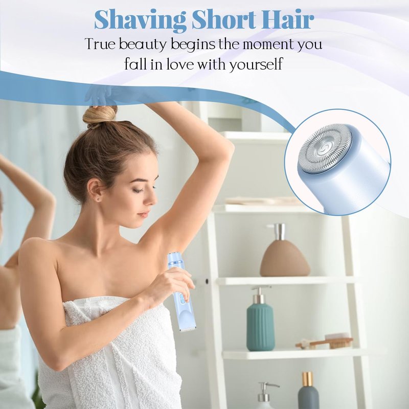 Bikini Trimmer for Women, 2-in-1 Painless Dual Head Shaver Women with Painless Ceramic Blades, Waterproof Electric Razors for Body & Face, Holiday Gift for Her (Blue)