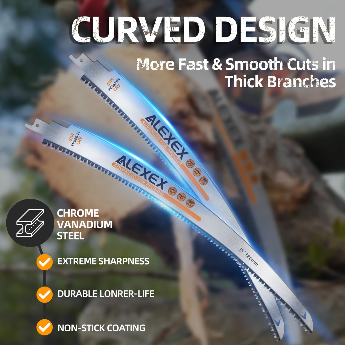 ALEXEX 6Pcs 15" Japanese Teeth Reciprocating Saw Blades for Wood Cutting and Tree Trimming, 6TPI Arc Curved Wood Sawzall Blades for PVC Pipe Cutting, Cr-V Sabre Sawzall Pruning Blades 15 Inch