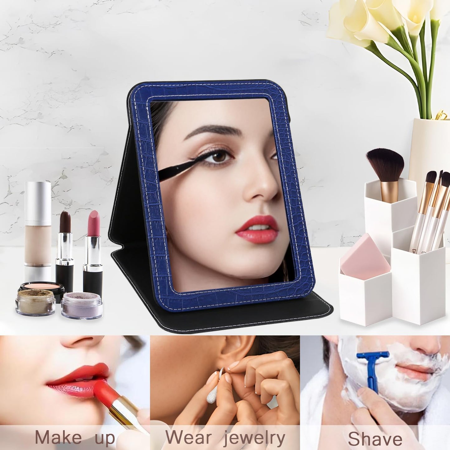 Foldable Desk Mirror - Blue Adjustable Angle Travel Mirror with PU Edge Cover | 6.5×8.9”