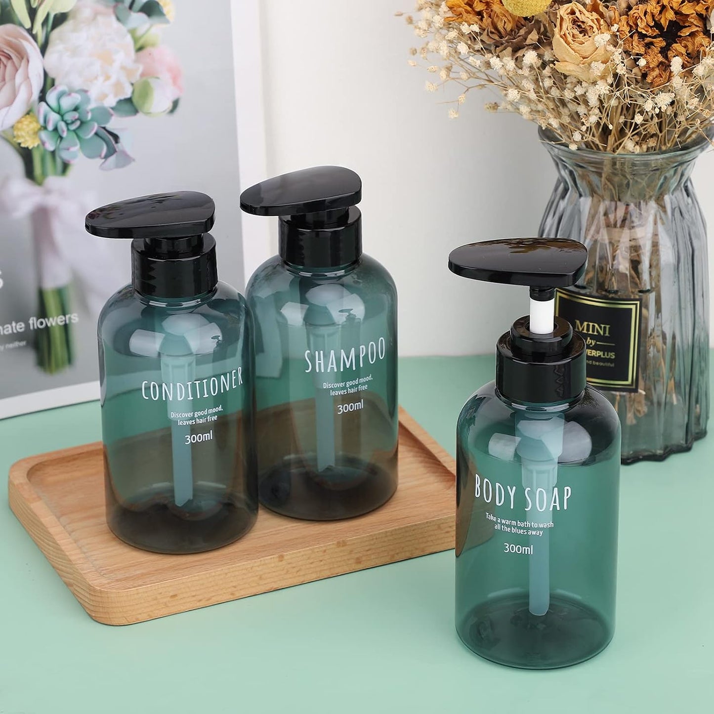 Shampoo and Conditioner Dispensers - 10oz Refillable Pump Bottles | 3-Pack Blue Plastic for Shower