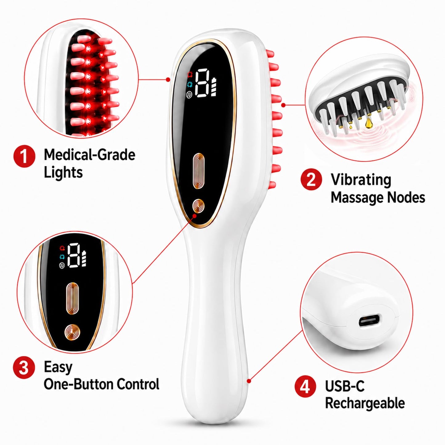 Obiredk ㅤLaser Hair Growth Comb, 650nm Red Light Therapy for Hair Regrowth, FDA Cleared LLLT Scalp Massager for Thinning Hair & Receding Hairline Rechargeable - White