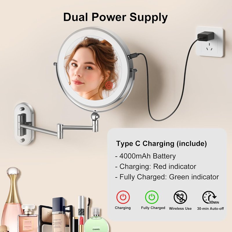 Lighted Makeup Mirror - 9" Wall Mounted 1X/10X Magnifying Mirror with 3 Color Lights & Touch Dimming | 4000mAh Rechargeable, 360° Rotation