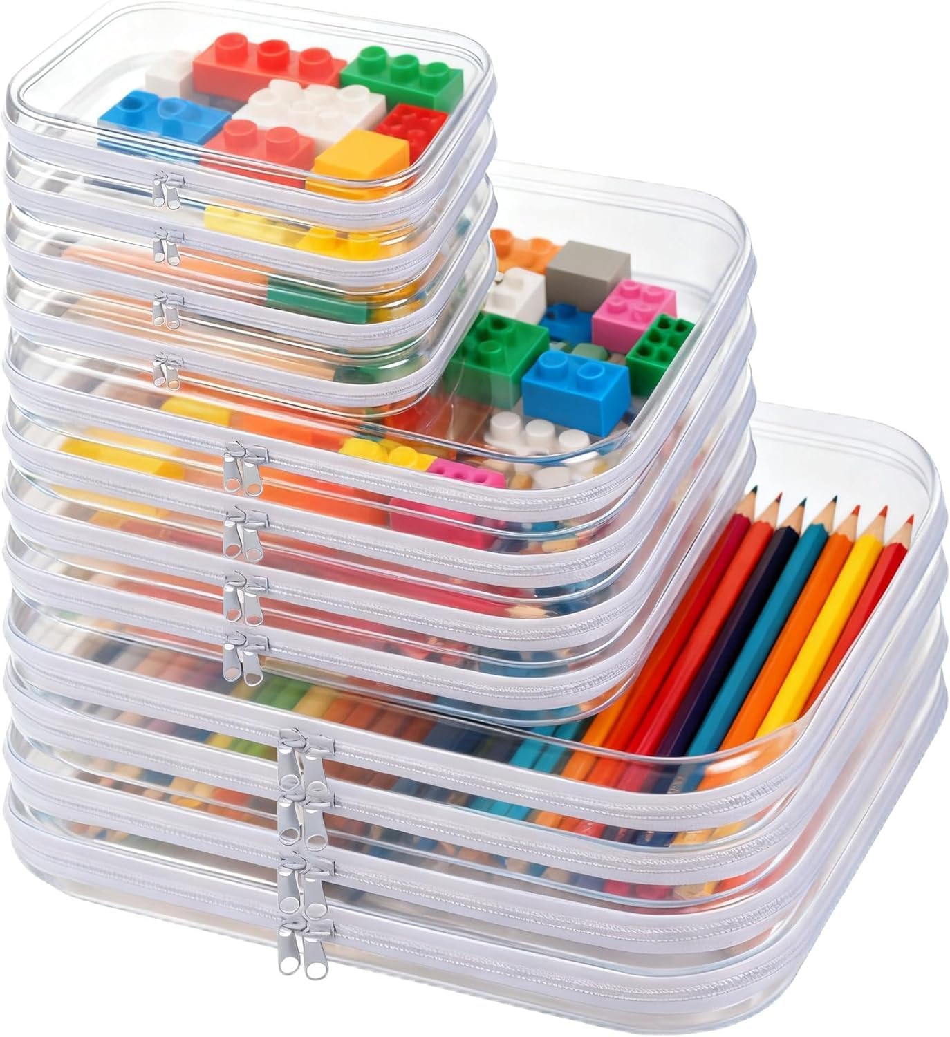 Clear Hard Shell Zipper Cases - 12 Pack Makeup & Pencil Organizers | 4 Large, 4 Medium, 4 Small - White